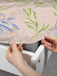 KLOTTHE Beige & Grey Floral Printed Fitted 400 TC King Bedsheet With 2 Pillow Cover