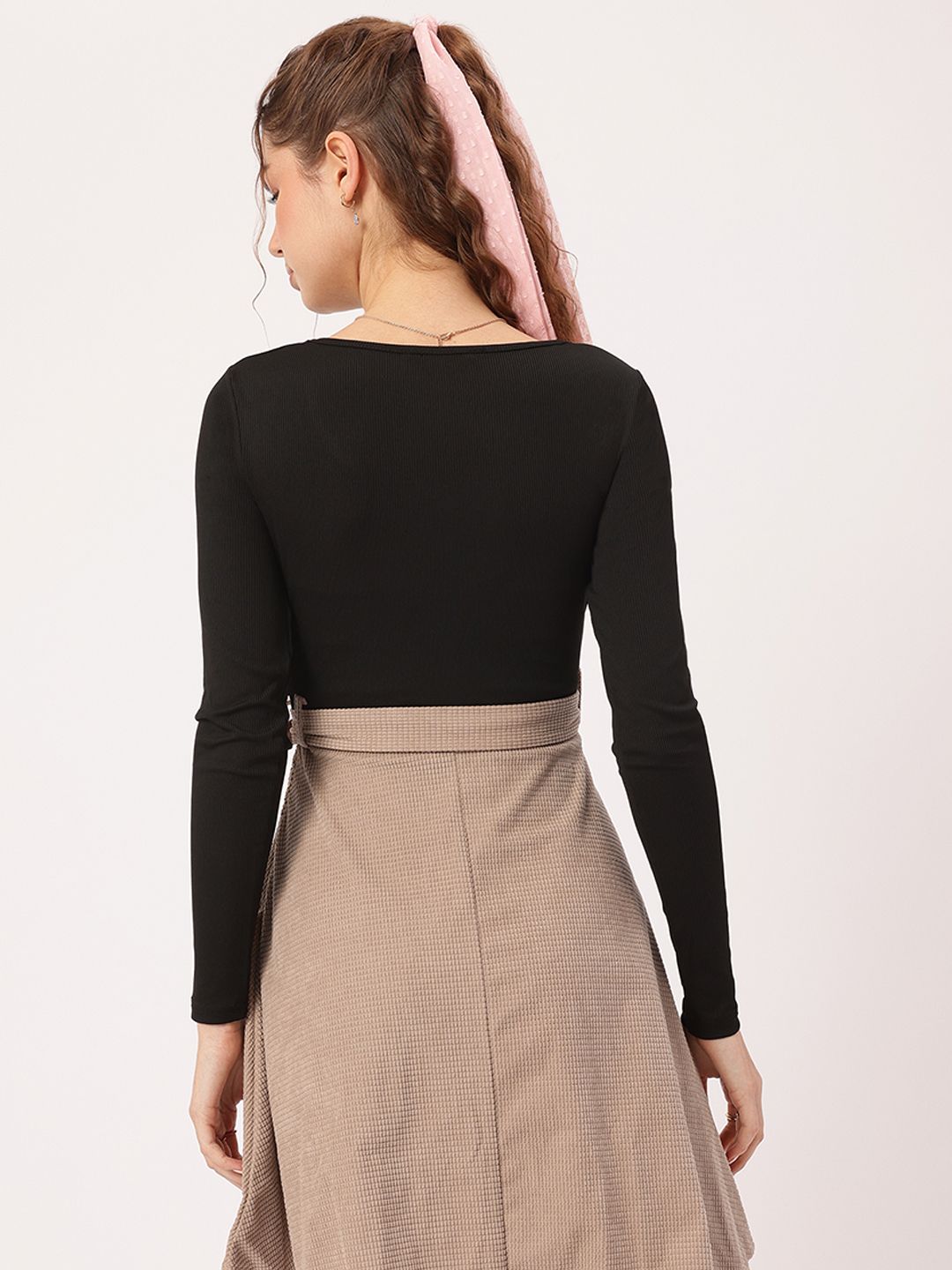 DressBerry Academia Core Textured Tie-Up Belt Fit & Flare Dress