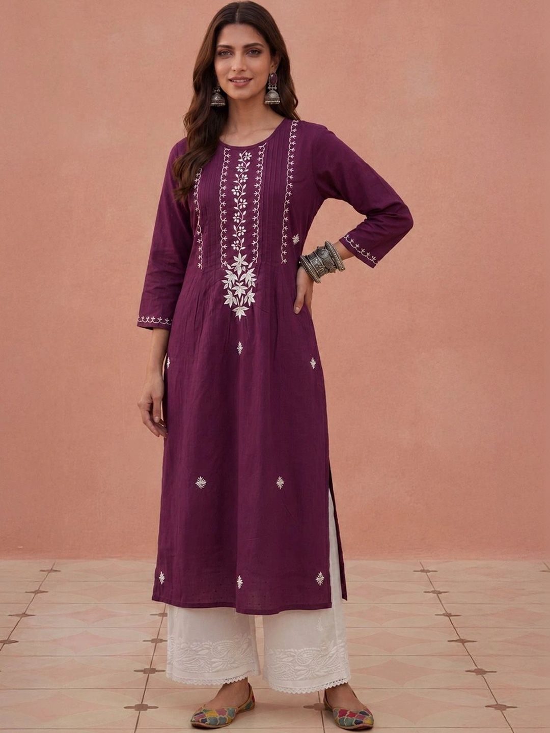 Kurta Sulam Benang Sulam Wanita Rumah Chikankari