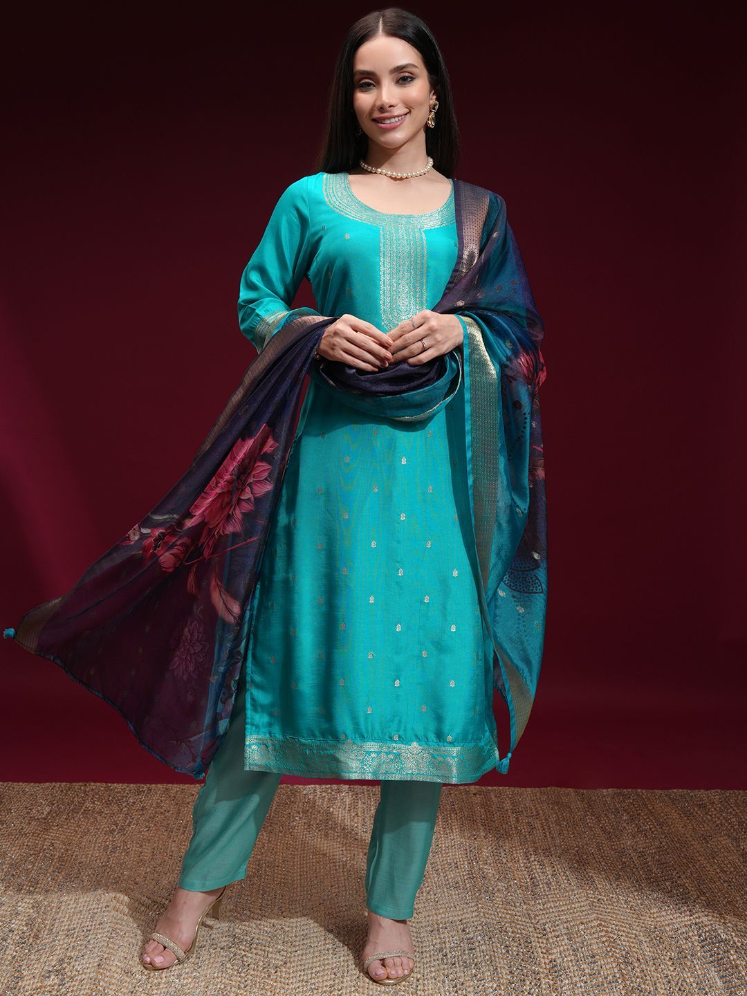 Vishudh Women Turquoise Ethnic Motifs Regular Kurta with Trousers Dupatta