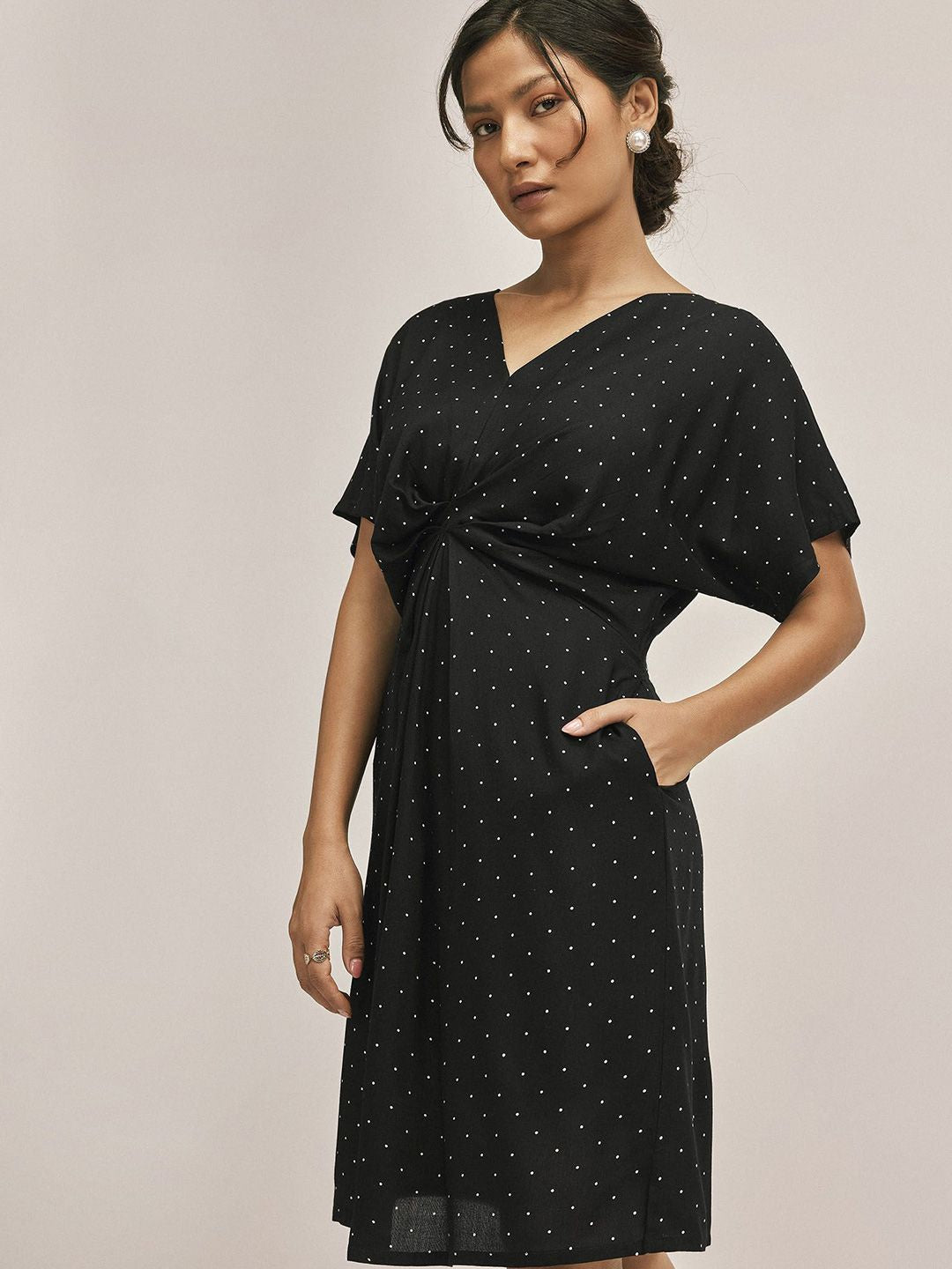 The Label Life Women Monochrome Polka Dot Gathered A-Line Dress