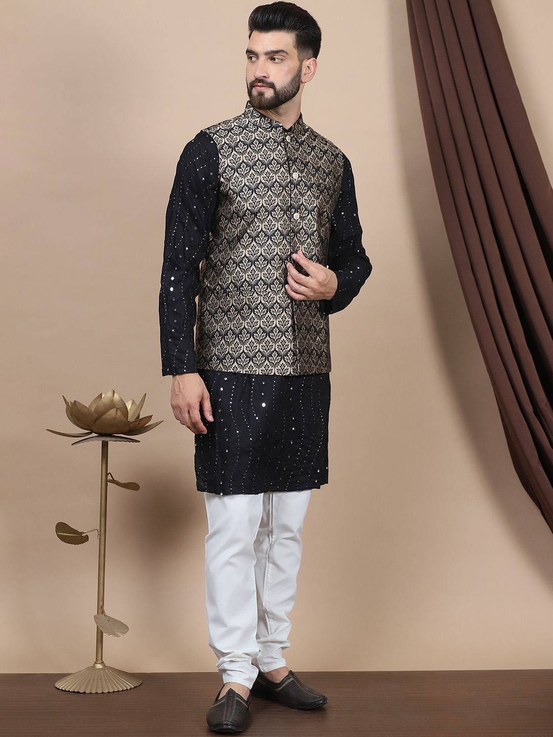 Anouk Leheriya Embroidered Sequinned Cotton Straight Kurta With Churidar & Nehru Jacket