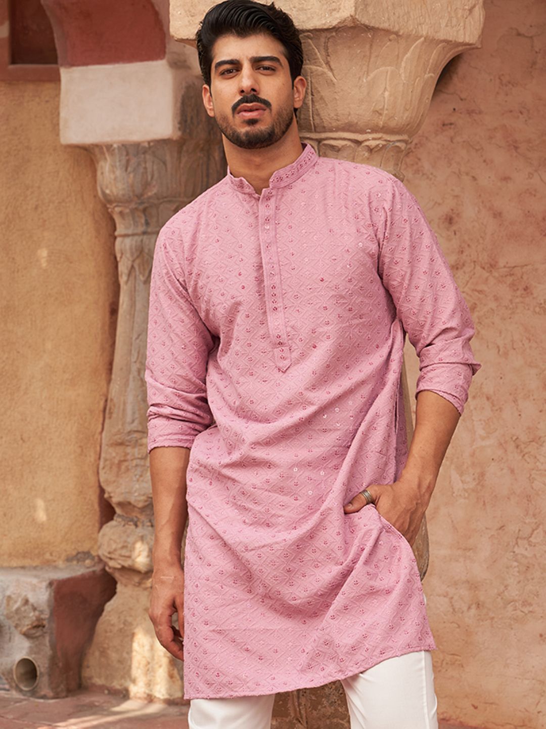 Jompers Geometric Embroidered Mandarin Collar Sequinned Straight Kurta