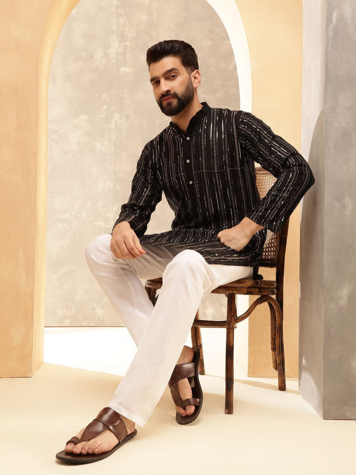 Anouk Black Striped Sequinned Pure Cotton Straight Kurta With Pyjama