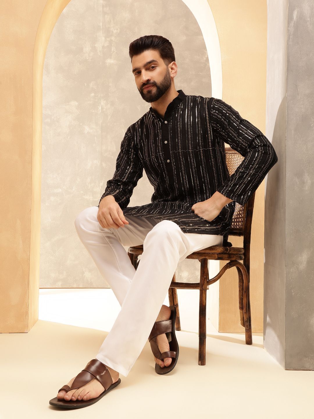 Anouk Black Striped Sequinned Pure Cotton Straight Kurta With Pyjama