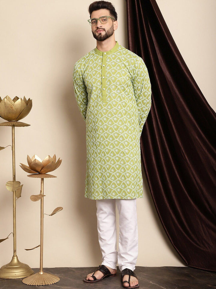 Motif Etnik Hijau Anouk Bersulam Benang Berfungsi Kapas Tulen Kurta Lurus Dengan Churidar