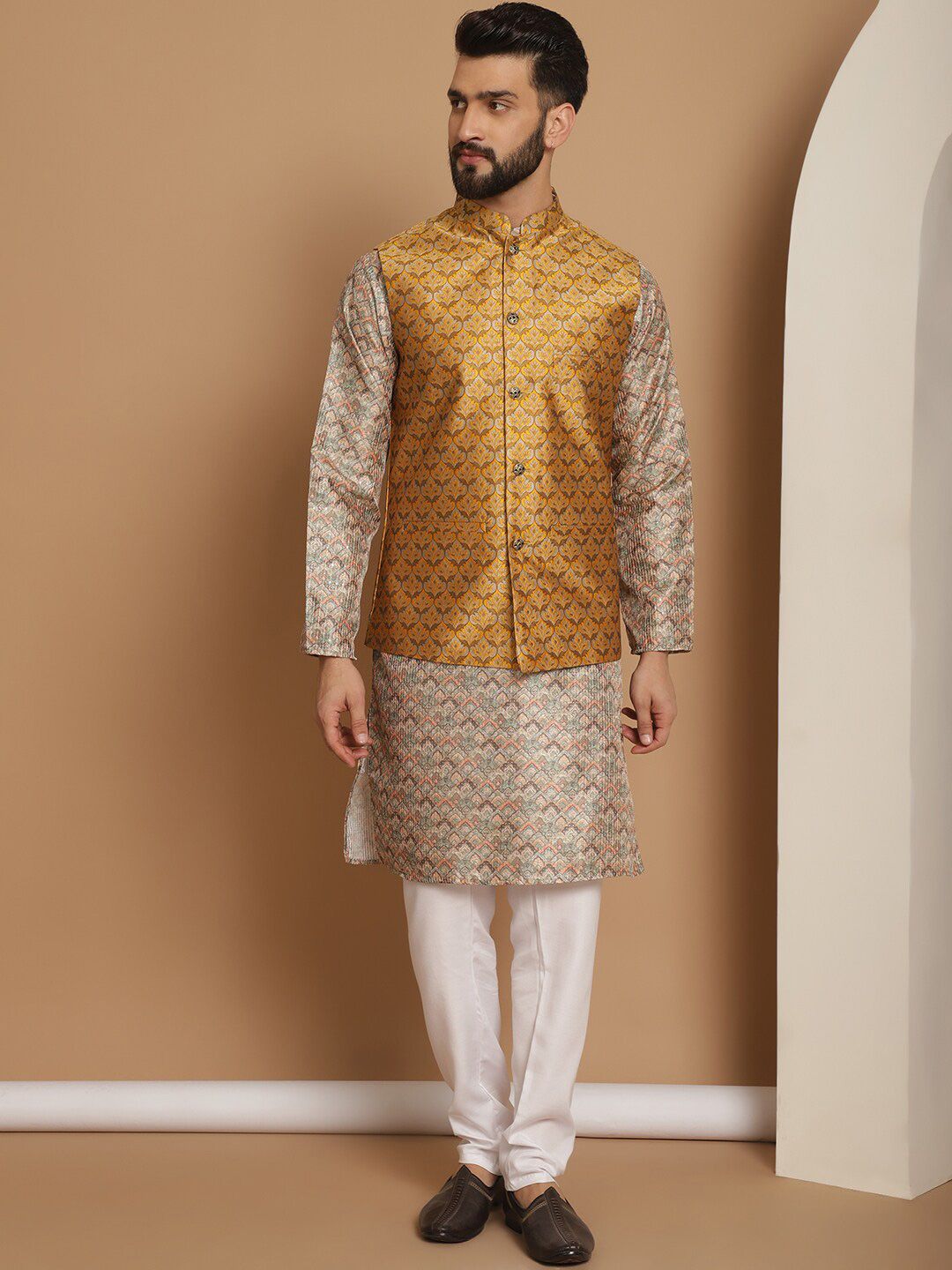 Anouk Striped Regular Jacquard Thread Work Straight Kurta with Churidar
