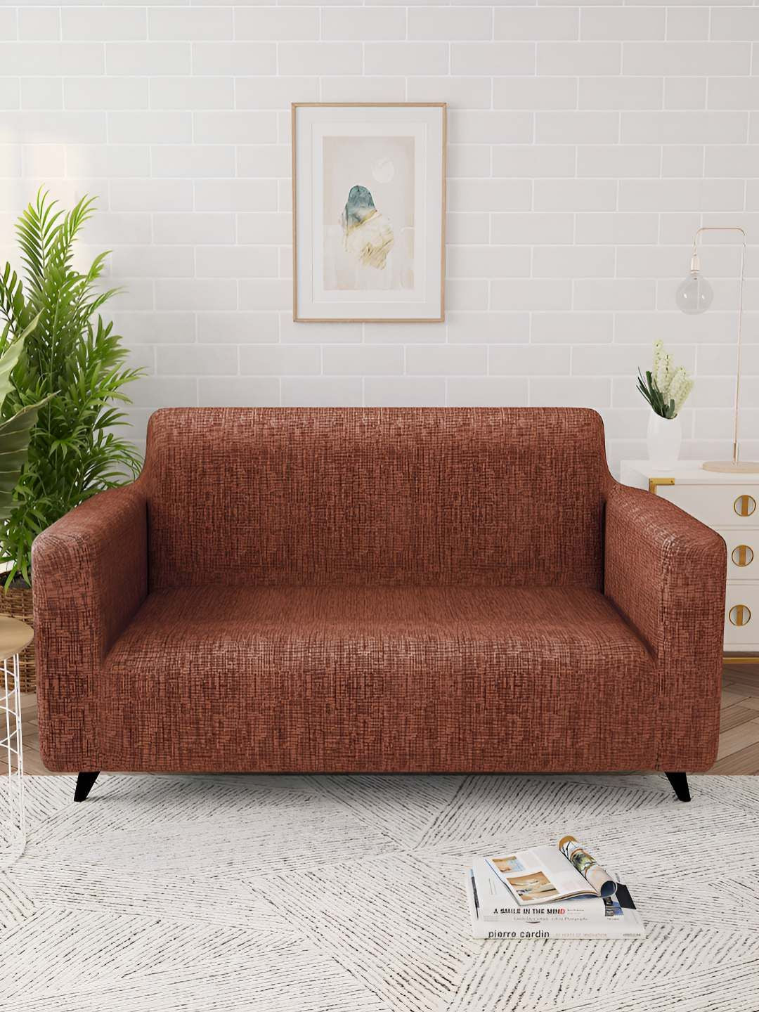 Story@home Brown Printed 2 Seater Stretchable Sofa Cover With Arms