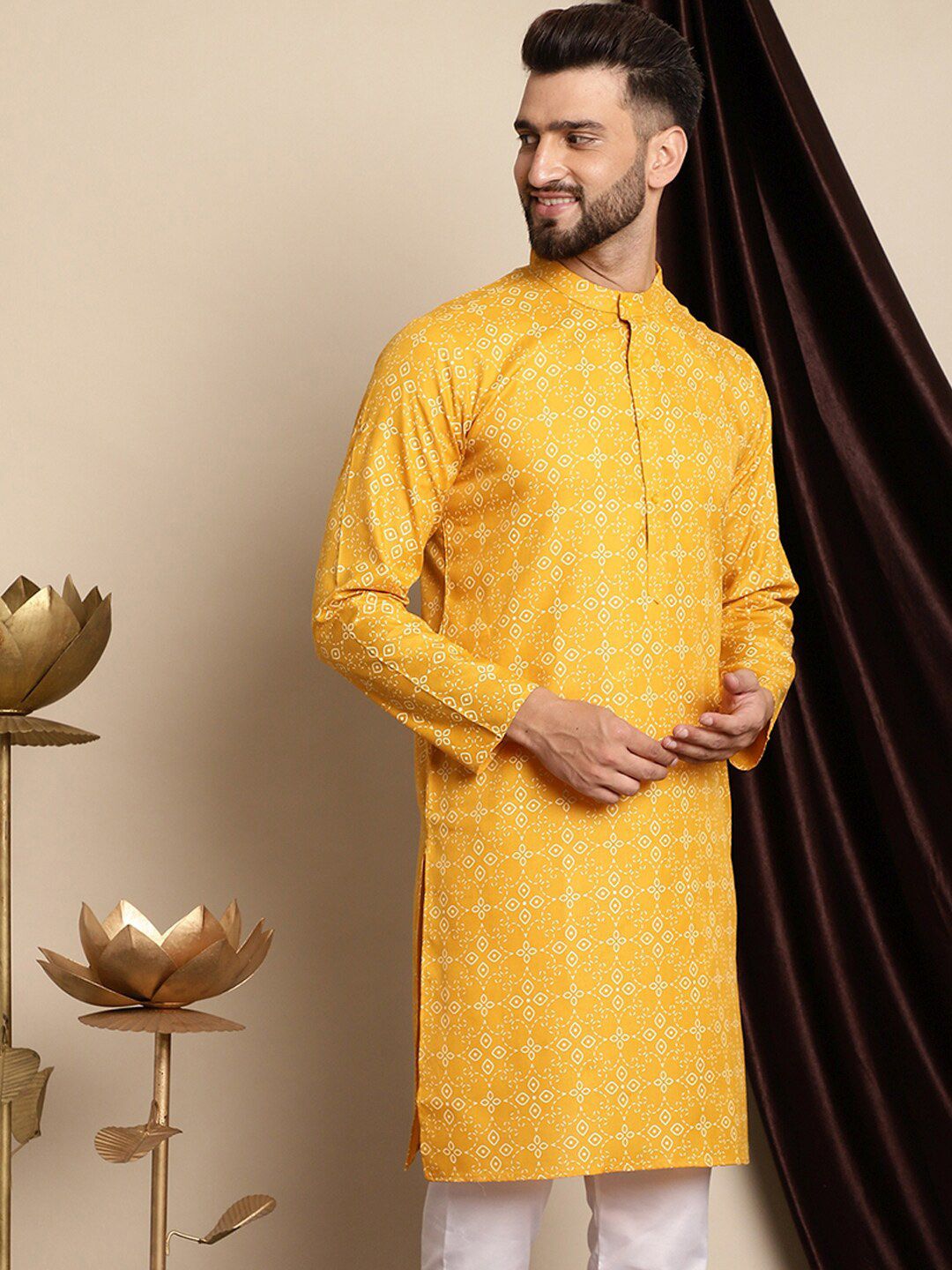 Kurta Linen Kapas Kolar Mandarin Bercetak Motif Etnik Anouk
