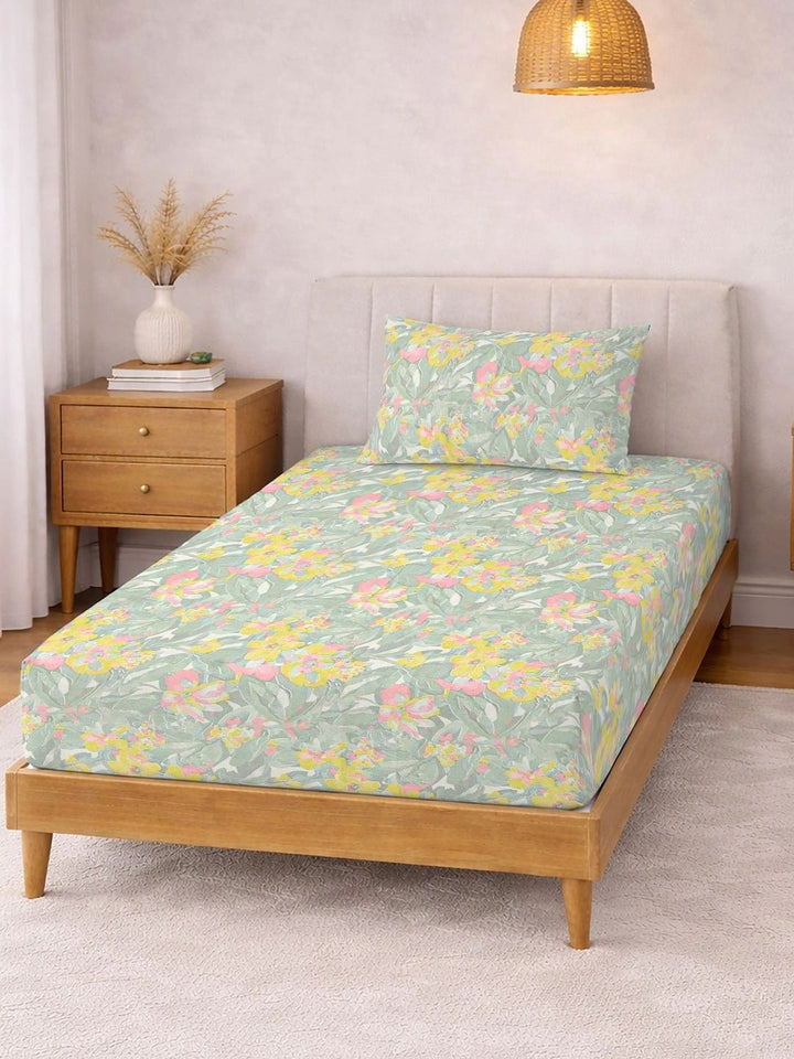 Myntra Elegant Homes Green & Pink Floral 300 TC Single Bedsheet with 1 Pillow Covers