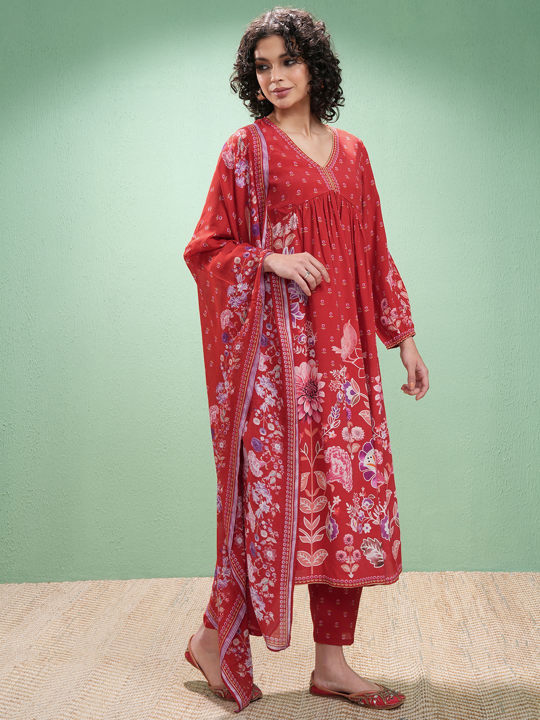 Vishudh Floral Printed V-Neck Empire A-Line Kurta With Trouser And Dupatta