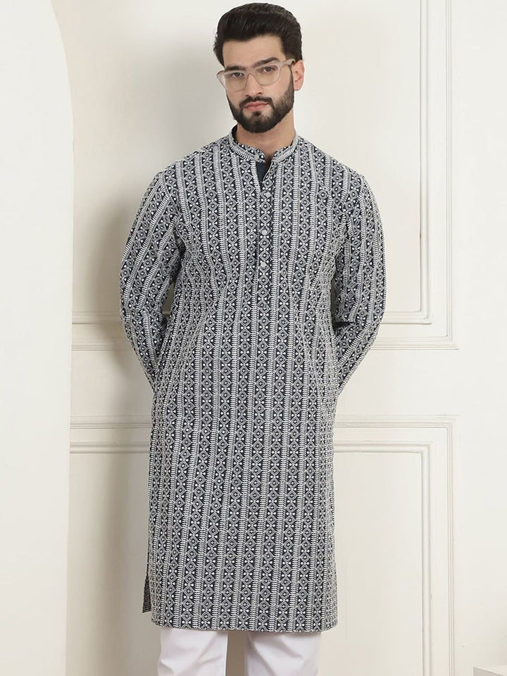 Anouk Charcoal Grey Ethnic Motifs Embroidered Thread Work Pure Cotton Straight Kurta