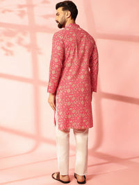 Anouk Floral Printed Band Collar Cotton Linen Straight Kurta