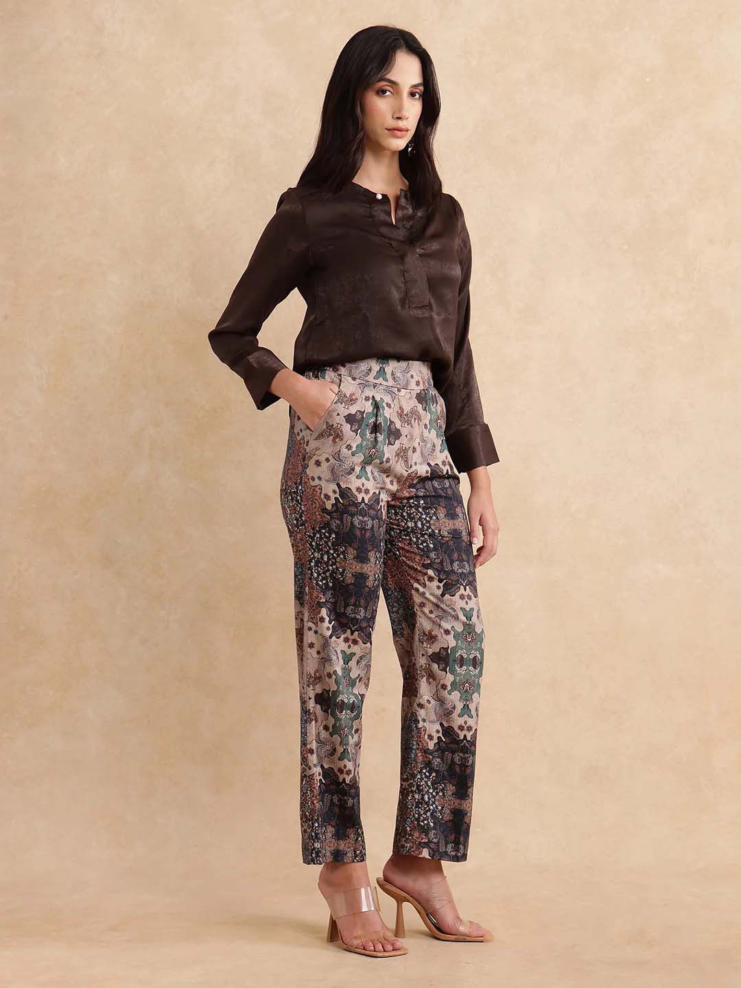RAREISM Women Cotton Printed Comfort Straight Fit High-Rise Trousers