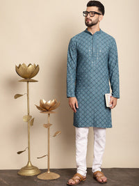 Motif Etnik Biru Anouk Bersulam Benang Berfungsi Kapas Tulen Kurta Lurus Dengan Churidar