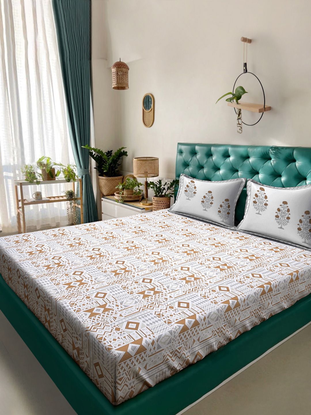 Myntra Elegant Homes Mustard Printed Cotton 400TC Set Cadar Super King 2.7 x 2.7 m