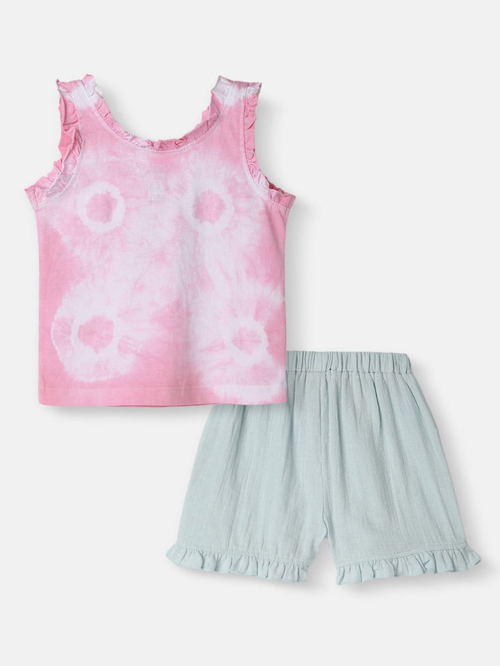 Nauti Nati Girls Dyed Round Neck Pure Cotton Top With Shorts