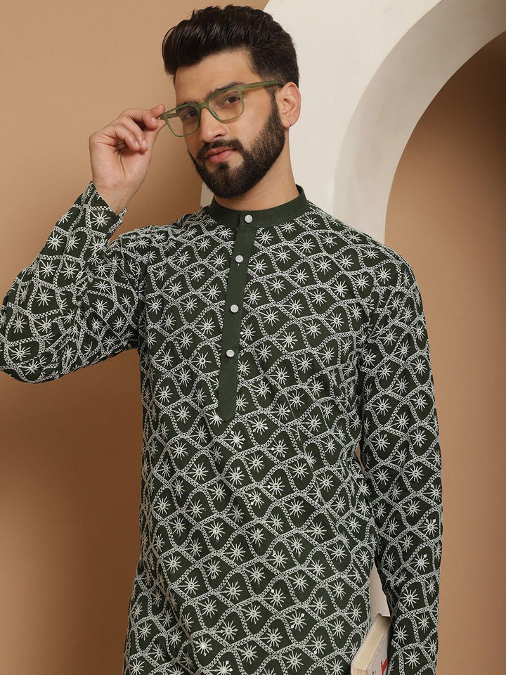 Anouk Green Ethnic Motifs Embroidered Regular Pure Cotton Kurta with Churidar