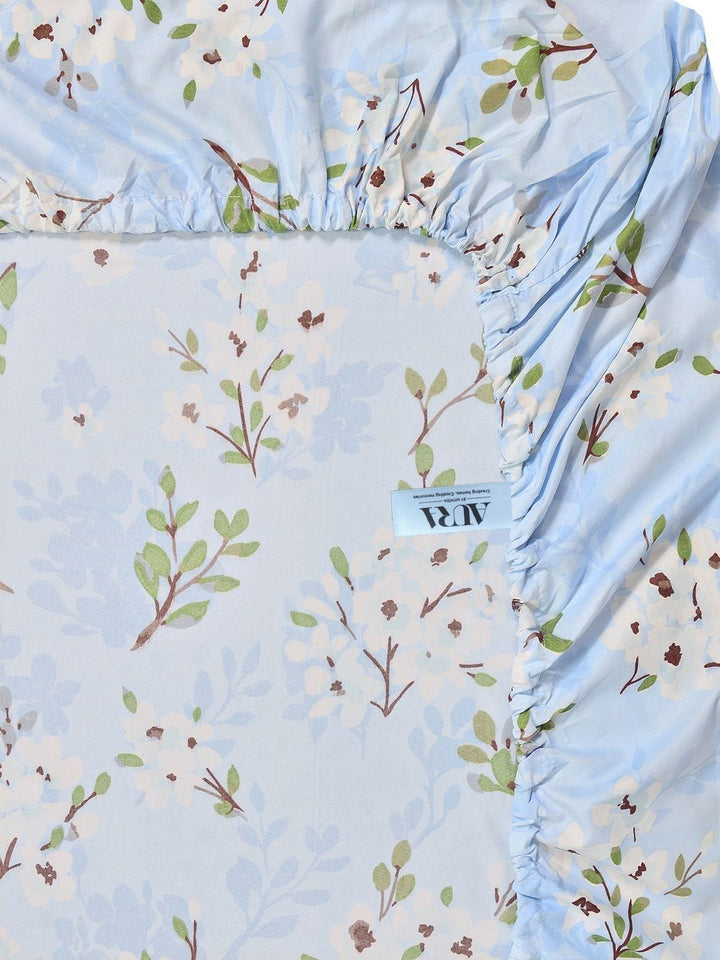 Aura Blue & Green Floral Printed 300 TC Fitted Double King Bedsheet Set-2.5 m X 2.25 m