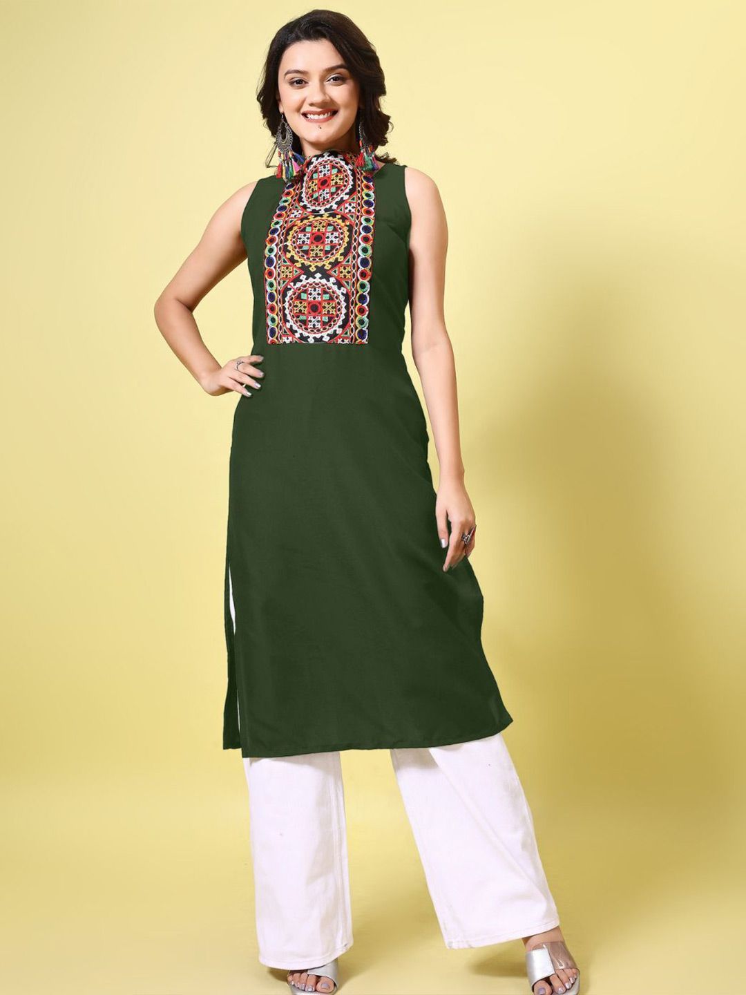 KALINI Women Cotton Blend Embroidered High Neck Straight Kurta