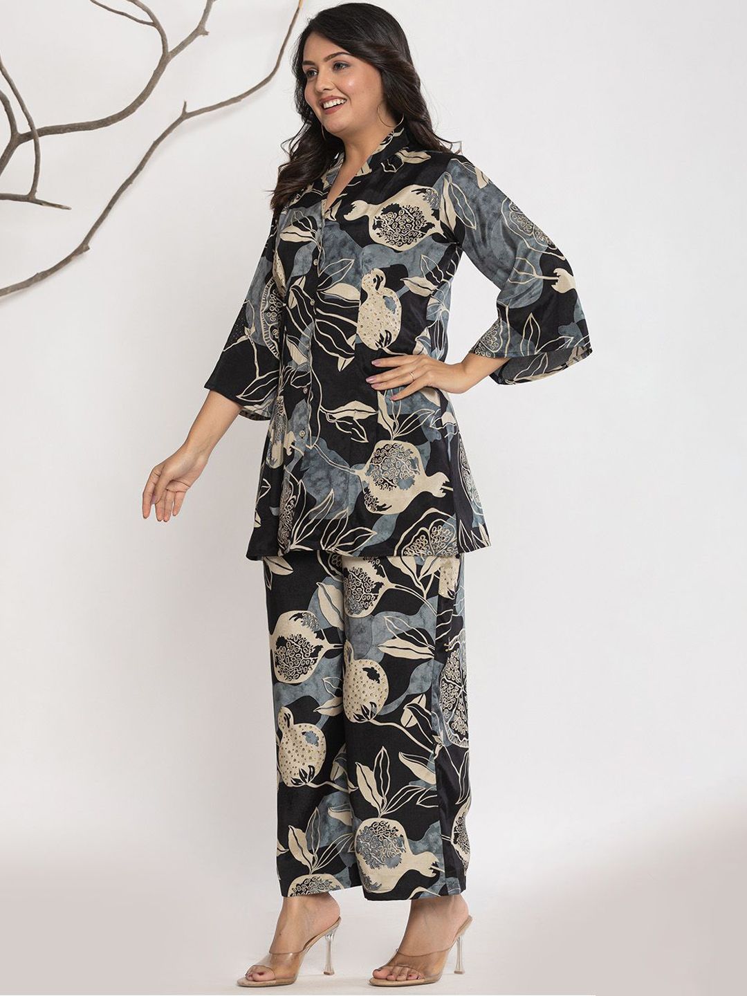 Varanga Printed Shirt Collar Top With Trousers Co-Ords