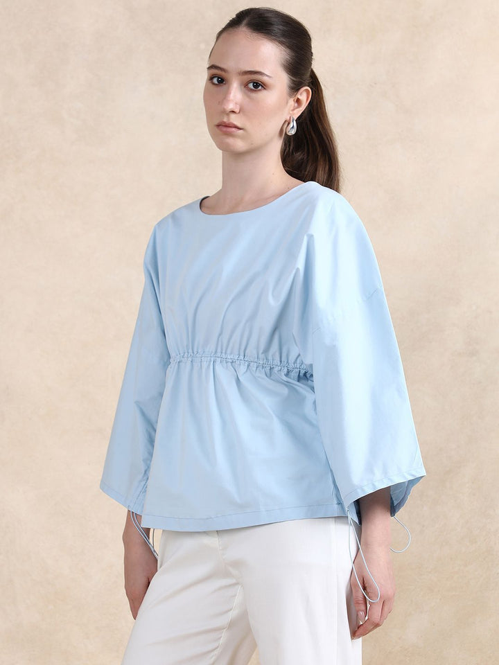 RAREISM Women Flared Sleeves Cotton Cinched Waist Top
