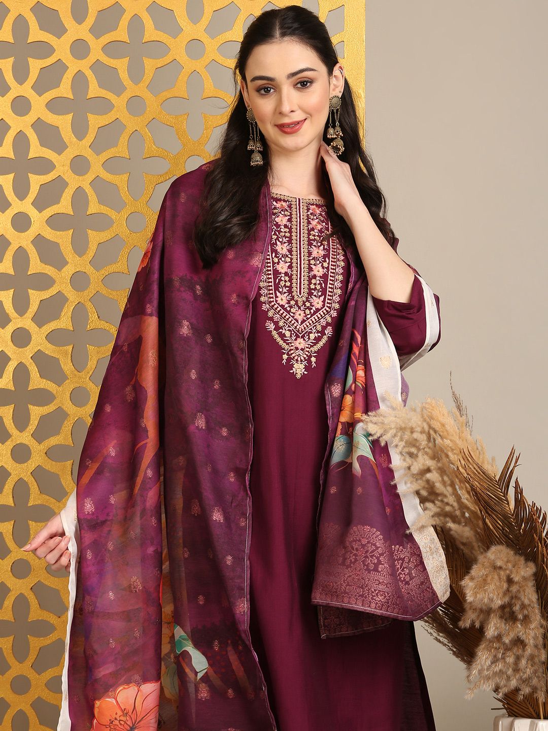 Anouk Maroon Floral Yoke Design Thread Work Straight Kurta With Trouser & Dupatta