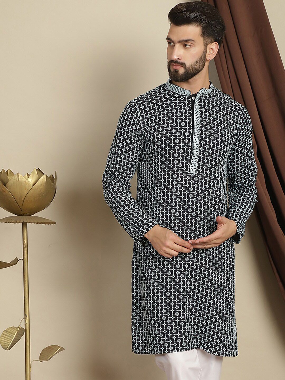 Anouk Geometrik Benang Sulam Kerja Kapas Kurta Lurus