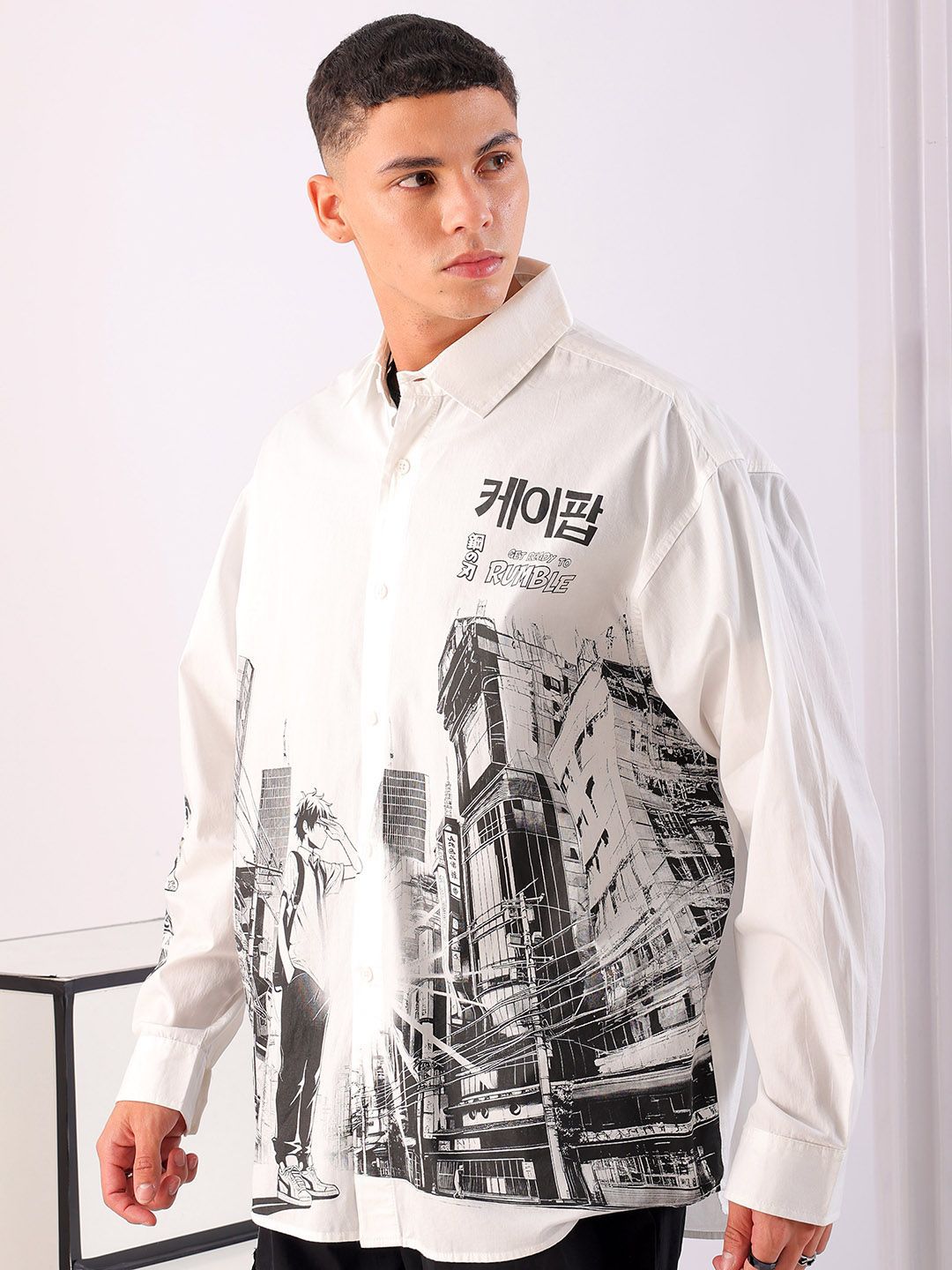 The Indian Garage Co Men Spread Collar Graphic Printed Cotton Oversized Casual Shirt