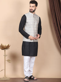 Anouk Black Floral Embroidered Thread Work Pure Cotton Kurta with Churidar & Nehru Jacket