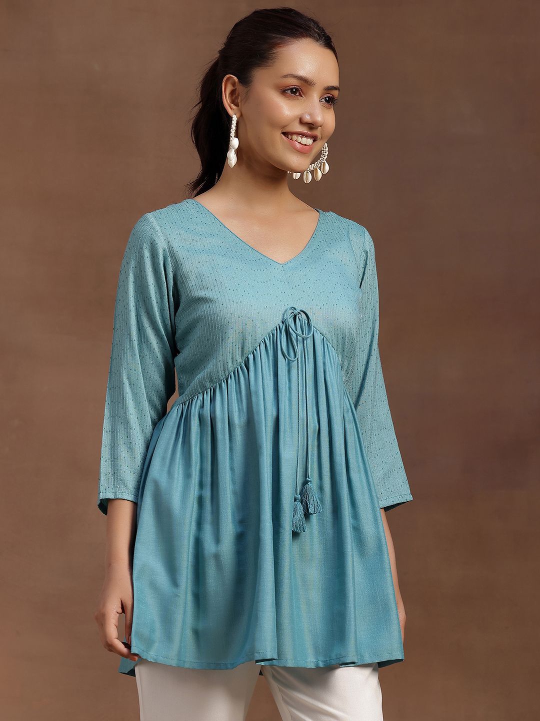 Libas Embellished V-Neck Sequinned Sequinned Pleated Kurti