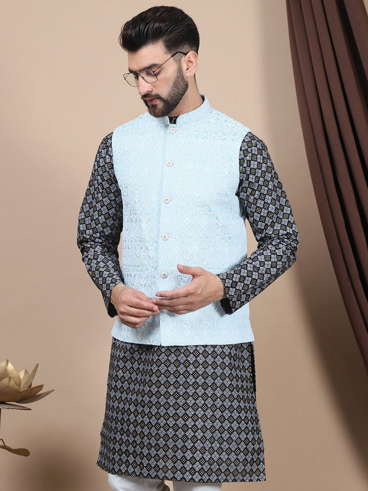 Anouk Floral Printed Regular Straight Kurta With Churidar & Nehru Jacket