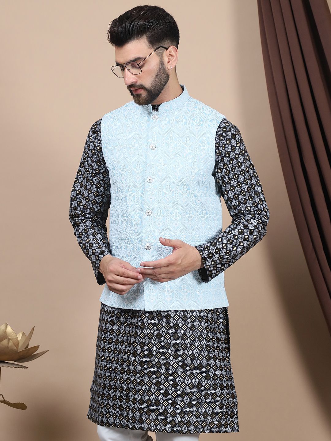 Anouk Floral Printed Regular Straight Kurta With Churidar & Nehru Jacket