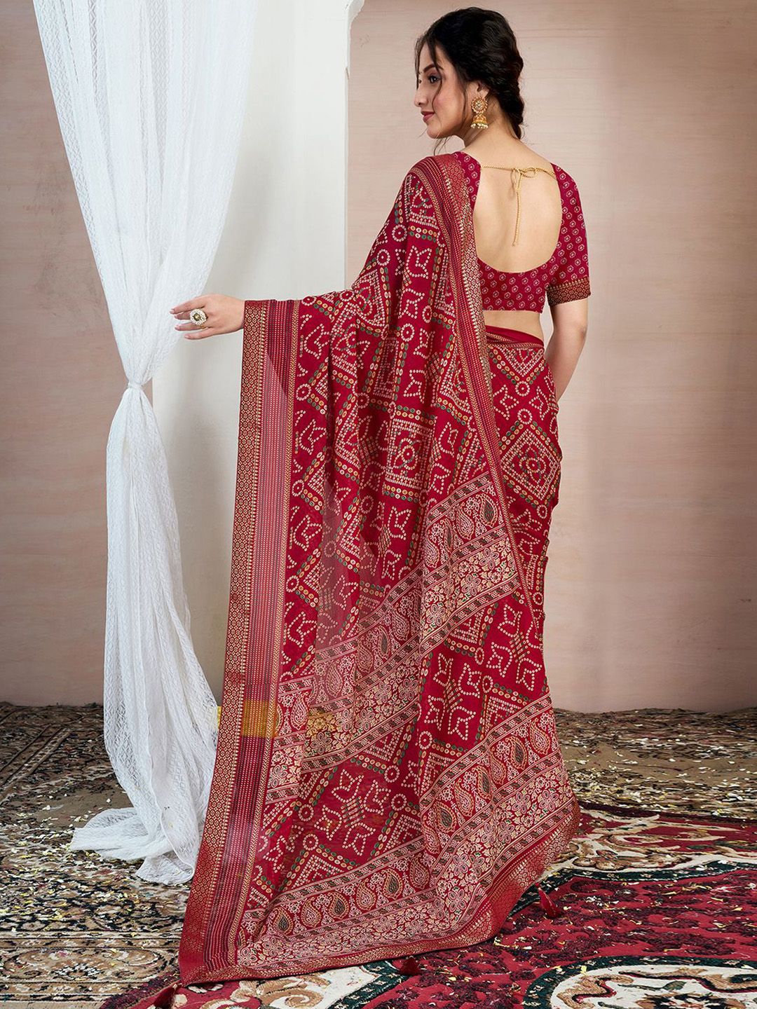 KALINI Bandhani Zari Pure Chiffon Bandhani Saree
