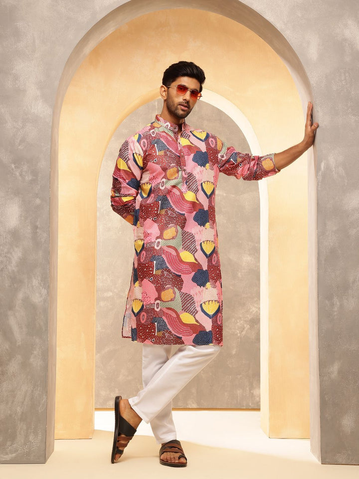 Anouk Abstract Printed Band Collar Straight Cotton Linen Kurta