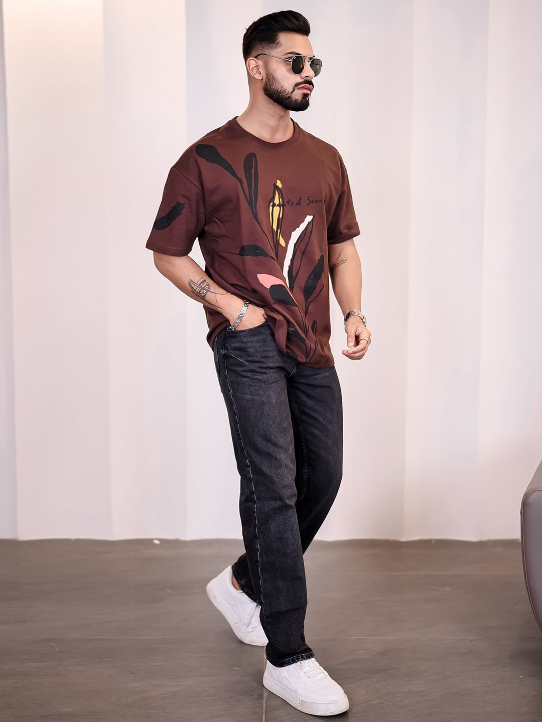 Eszett Lelaki Floral Printed Leher Bulat Kapas Bersaiz Besar T-shirt