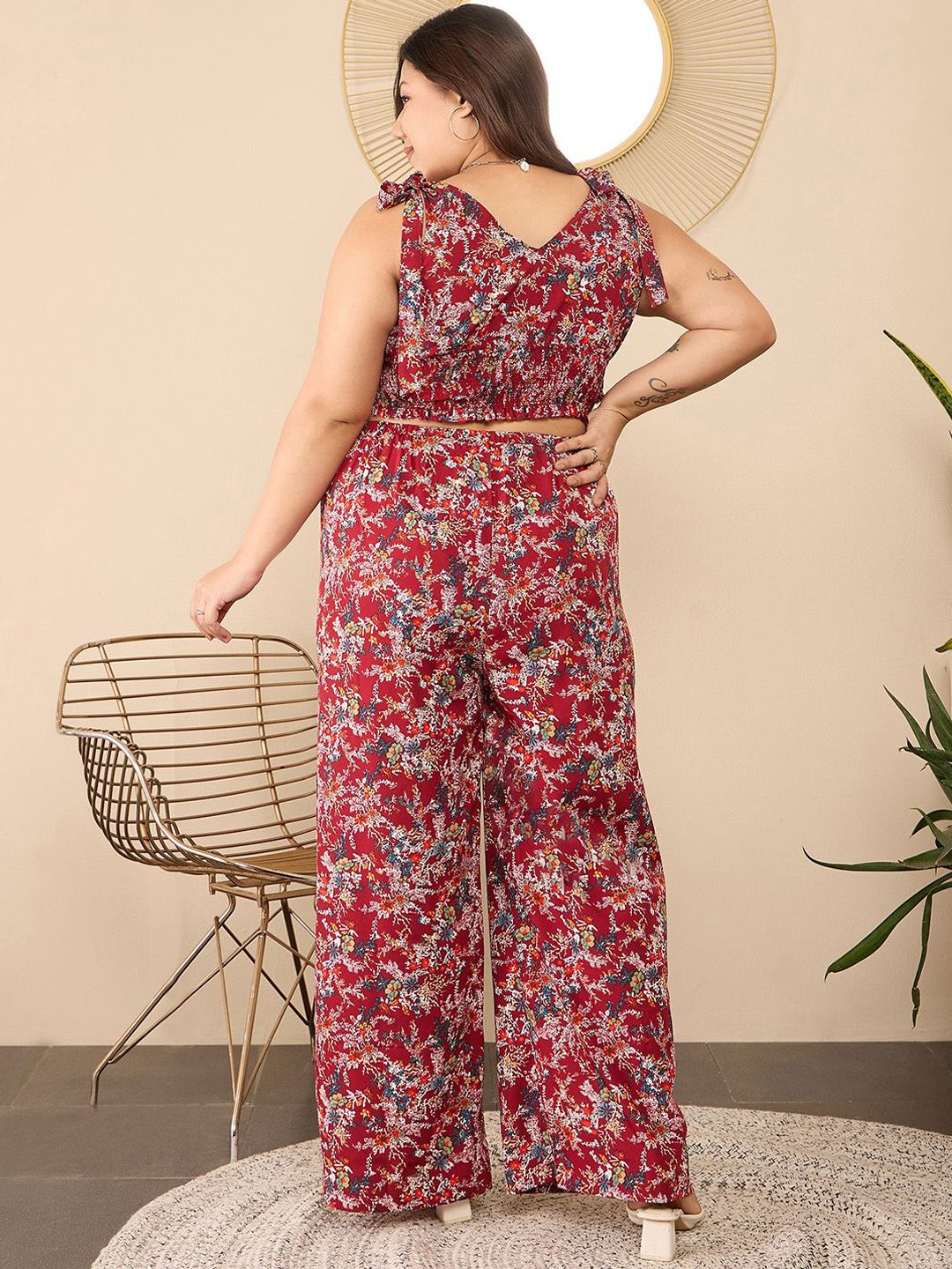 Berrylush Curve Maroon Plus Size Floral Printed V-Neck Top & Trousers