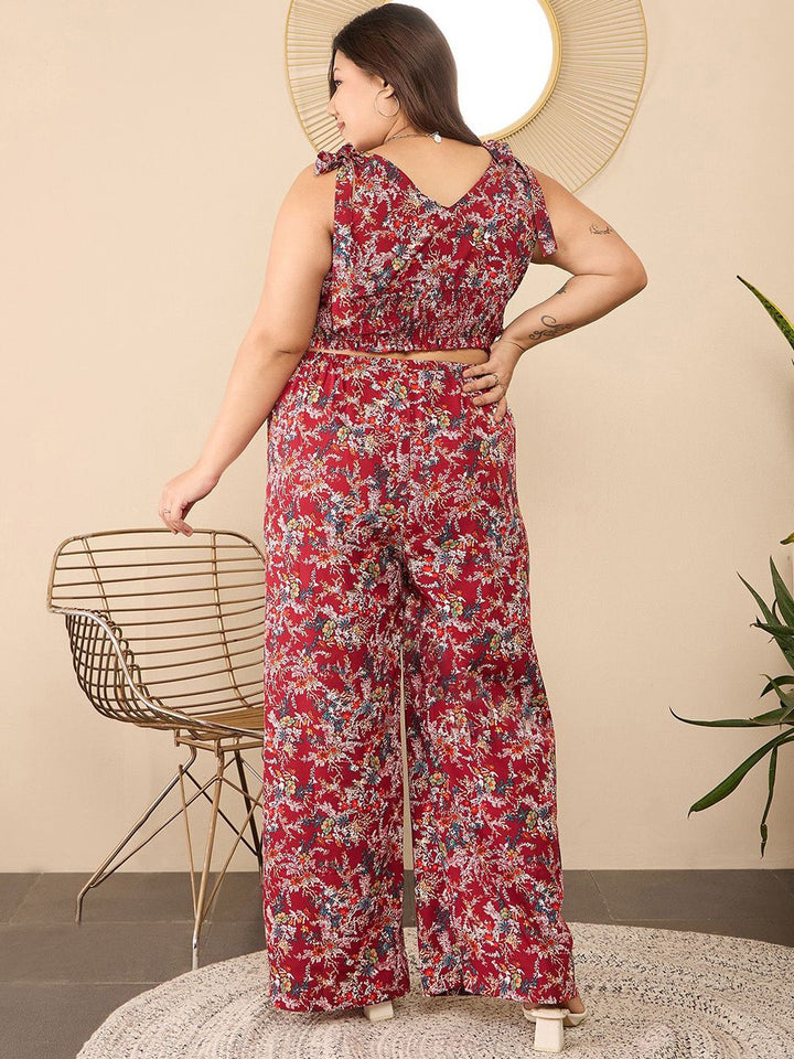 Berrylush Curve Maroon Plus Size Floral Printed V-Neck Top & Trousers
