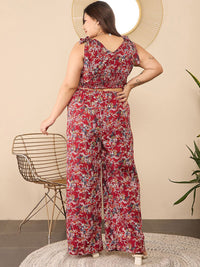 Berrylush Curve Maroon Plus Size Floral Printed V-Neck Top & Trousers