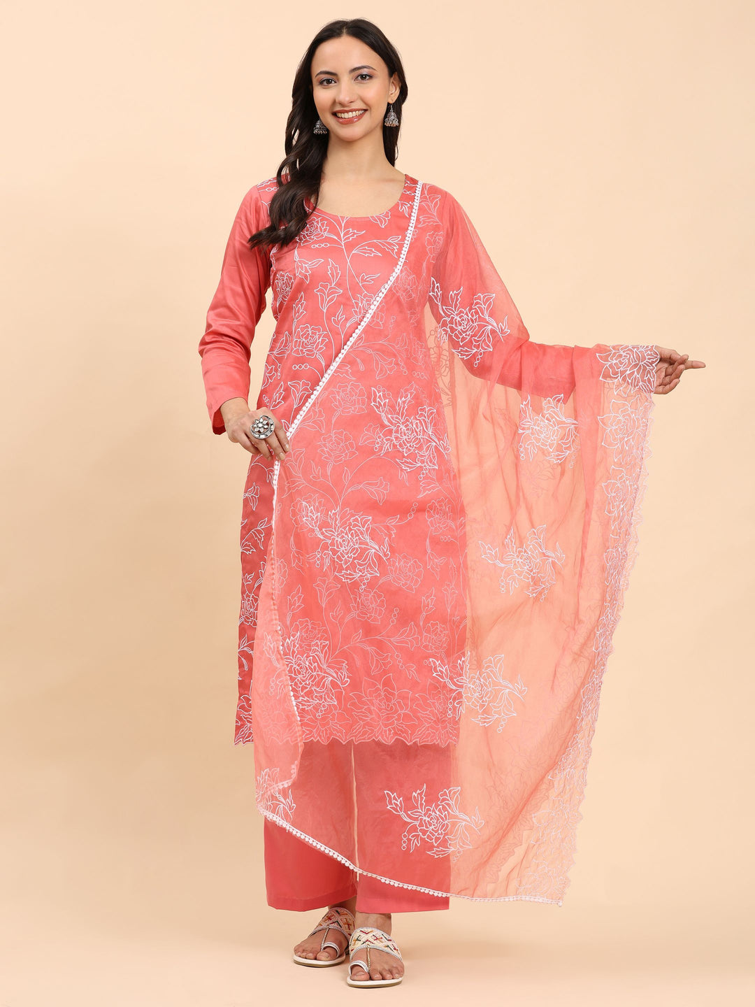 Mamicha Women Embroidered Regular Pure Cotton Kurta with Palazzos & With Dupatta