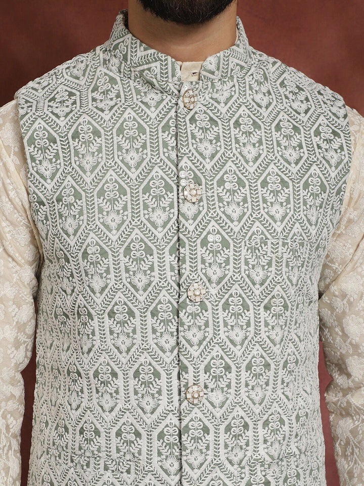 Anouk Floral Embroidered Regular Thread Work Kurta with Churidar & Nehru jacket