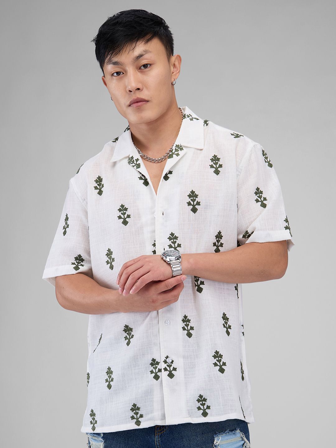 VASTRADO White & Olive Embroidered Cuban Collar Oversized Shirt