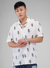 VASTRADO White & Olive Embroidered Cuban Collar Oversized Shirt
