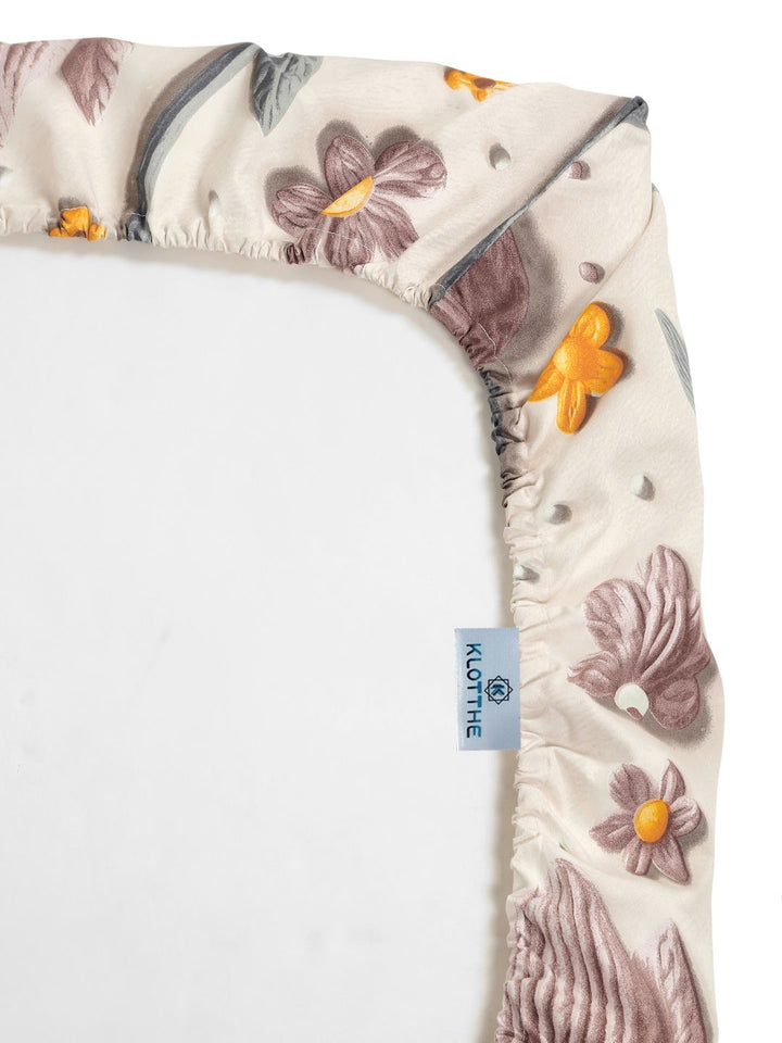 KLOTTHE Cream & Pink Floral Printed Fitted 300TC Single 7D Bedsheet With Pillow Cover