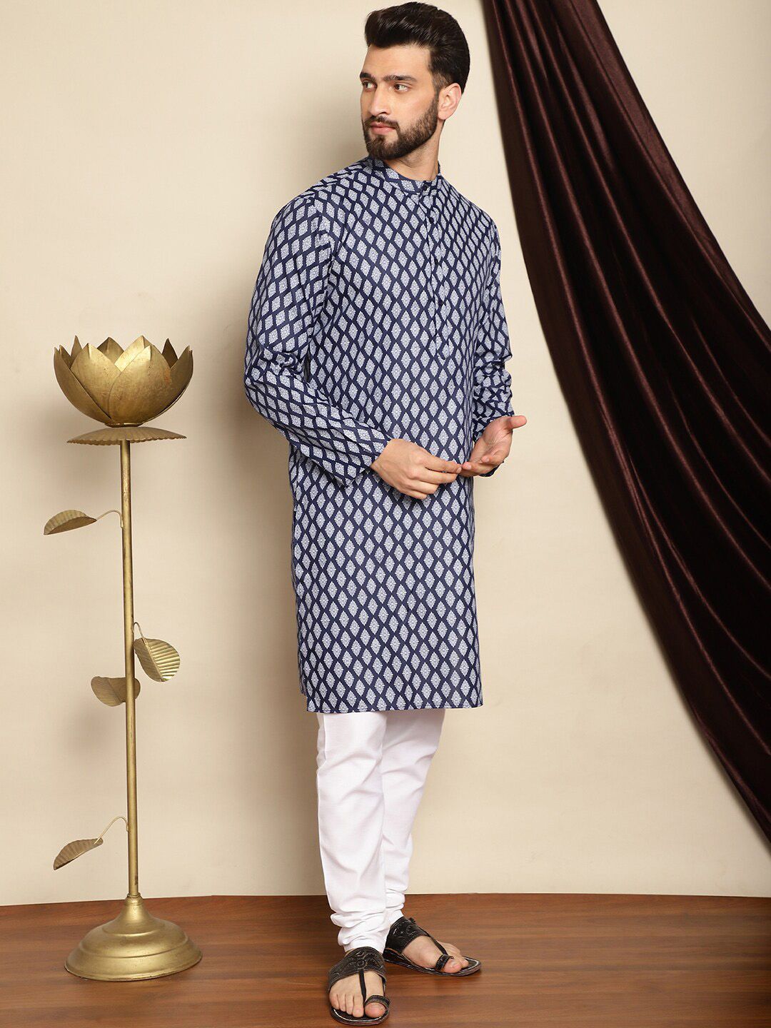 Anouk Navy Blue Bandhani Printed Mandarin Collar Straight Kurta With Churidar