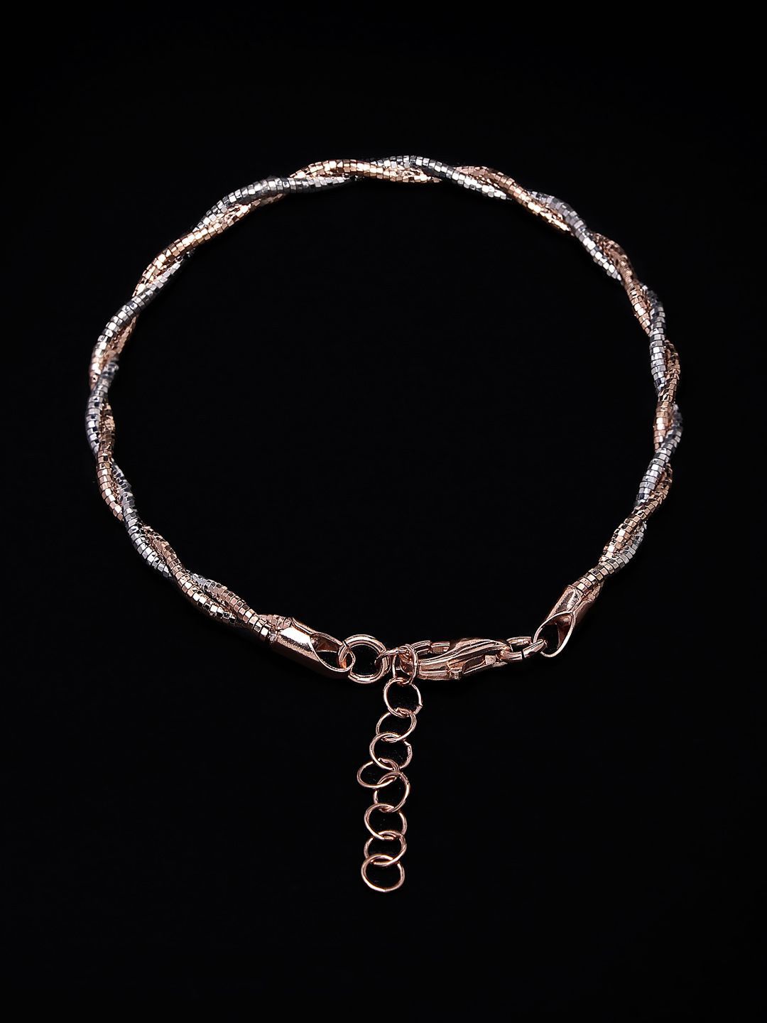 PANASH 925 Sterling Silver Rose Gold & Gelang Rantai Berpintal Bersalut Rhodium