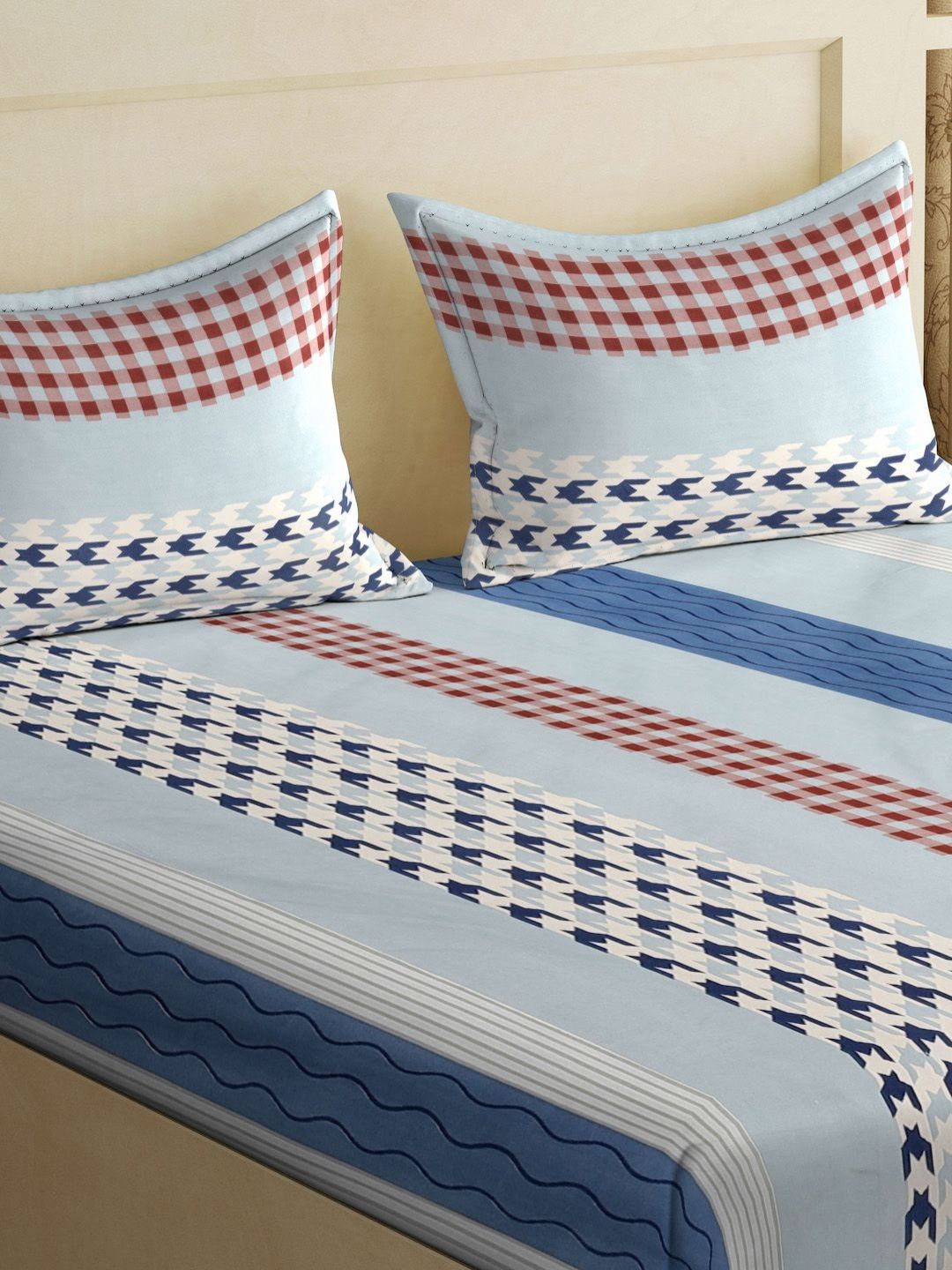 Myntra Elegant Homes Blue Conversational Cotton 300 TC King Fine Bedsheet with 2 Pillow Covers-98 x 89 inches
