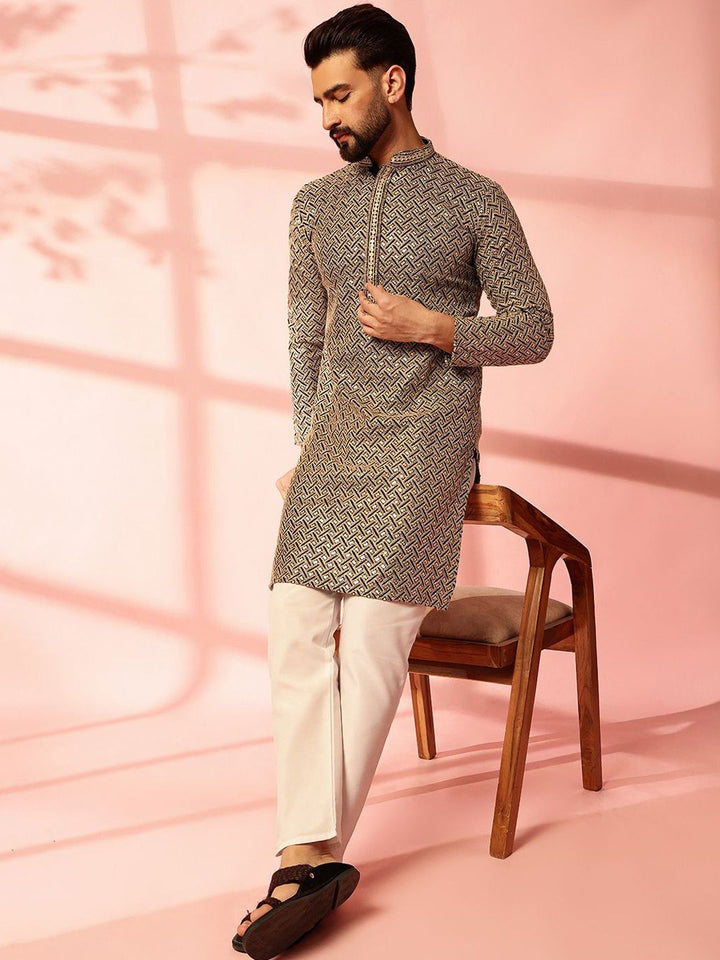 Anouk Geometric Embroidered Mandarin Collar Sequinned Cotton Straight Kurta