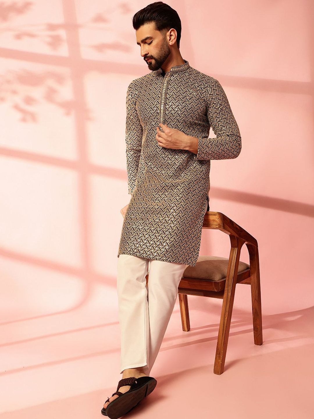 Anouk Geometric Embroidered Mandarin Collar Sequinned Cotton Straight Kurta