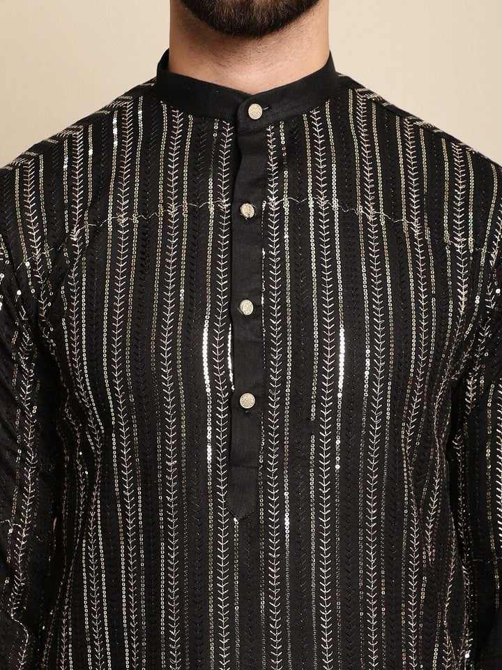Anouk Embellished Mandarin Collar Sequins Detail Cotton Straight Kurta